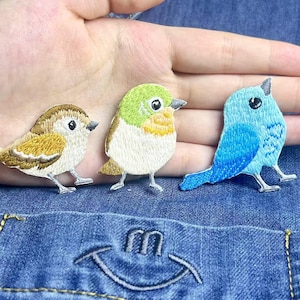 Könnte beinhalten: Drei gestickte Bügelbilder von Vögeln. Ein brauner Spatz, ein grün-weißer Vogel und ein blauer Vogel.