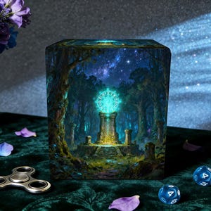 May include: A cube-shaped decorative item with a fantasy forest scene. The artwork depicts a glowing structure in a forest clearing under a starry sky. A silver fidget spinner and blue dice are in the foreground.