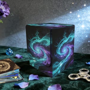 May include: A black card storage box with a swirling teal and purple galaxy design. The box is square and sits on a green surface with playing cards, a die, and a fidget spinner. A vase of flowers is in the background.