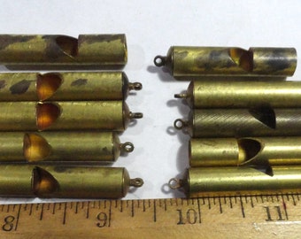 10 Vintage Brass Whistles, Pendant Style, 1.75 Inches Including Loop for Hanging, Not Working