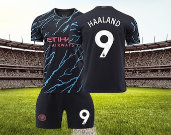 2023/24 Manchester City Away Football Kit, #9 Haaland Top and Shorts Set, Sizes for Children and Adults (Socks Optional)