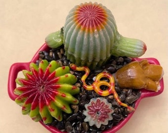 Fused Glass Succulent Garden in Red Bowl