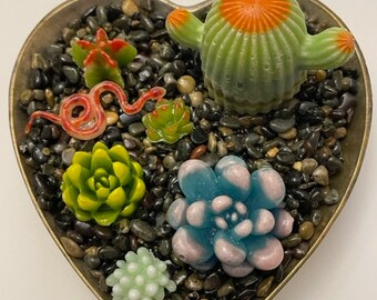 Fused Glass Succulent Garden in Brass Heart Shaped Bowl