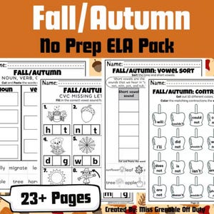Könnte beinhalten: Ein Arbeitsblattpaket mit Herbstthema, das Aktivitäten für Nomen, Verben und Vokalsortierung enthält. Der Titel "Fall/Autumn No Prep ELA Pack" wird oben angezeigt. Das Paket umfasst über 23 Seiten mit Bildungsinhalten.