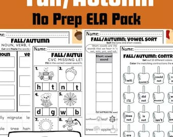 May include: A worksheet pack with a fall theme, featuring activities for nouns, verbs, and vowel sorting. The title "Fall/Autumn No Prep ELA Pack" is displayed at the top. The pack includes over 23 pages of educational content.