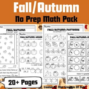 Può includere: Una raccolta di fogli di lavoro stampabili per attività di matematica a tema autunnale. Le pagine presentano zucche, ghiande e altre immagini autunnali. Il titolo "Fall/Autumn No Prep Math Pack" è visualizzato in alto. I fogli di lavoro includono esercizi di conteggio, modelli e ordinamento.