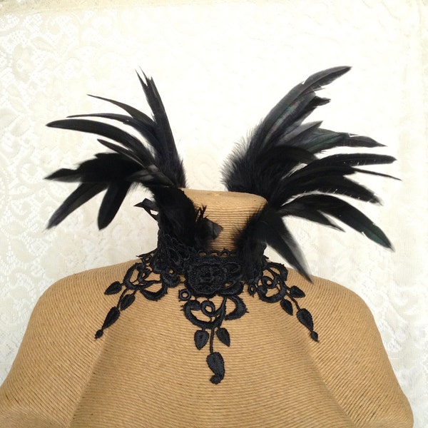 Child's rose tendril Maleficent costume collar - Victorian feather choker - ready to ship choker - black feather necklace