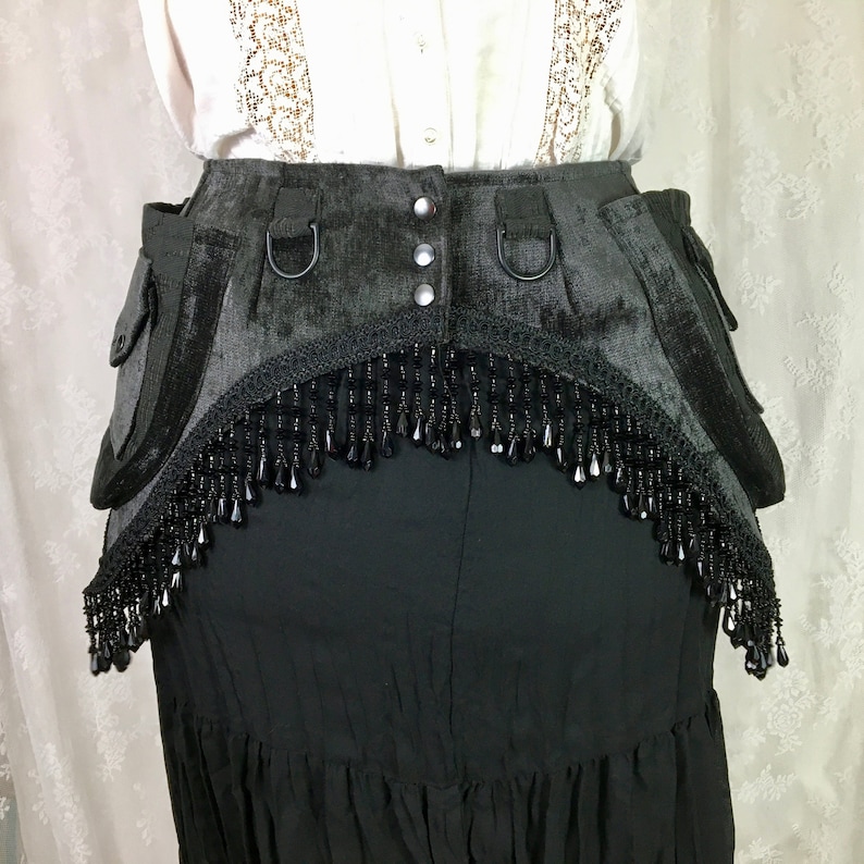 damask swirls fancy pocket belt with black beaded fringe S Black chenille Victorian pocket belt Small