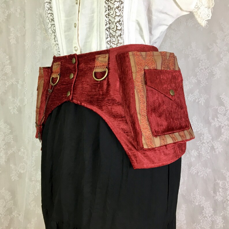 XS Red and gold square pocket belt Burning Man utility belt Extra Small vegan imitation suede utility belt fabric festival belt