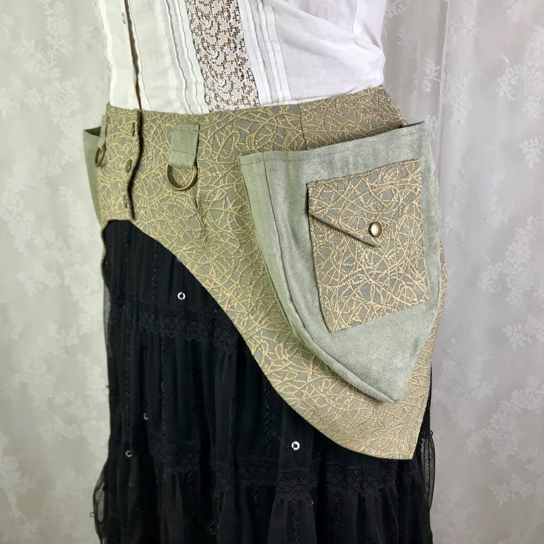 Medium festival belt fancy fanny pack M Sage green crackle tapestry Burning Man utility belt fancy pocket belt sage ultrasuede