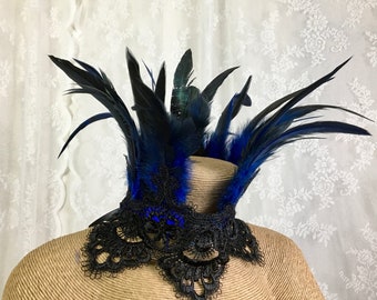 Royal blue crown scallop Maleficent choker - blue and black feather necklace - goth Victorian choker - ready to ship - feather ruff jewelry