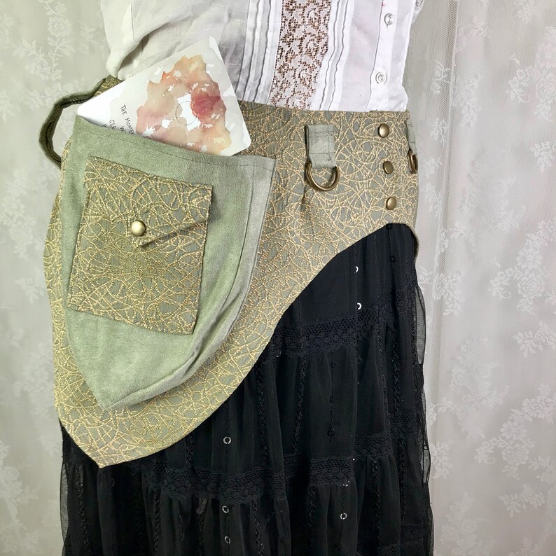 Medium festival belt fancy fanny pack M Sage green crackle tapestry Burning Man utility belt fancy pocket belt sage ultrasuede