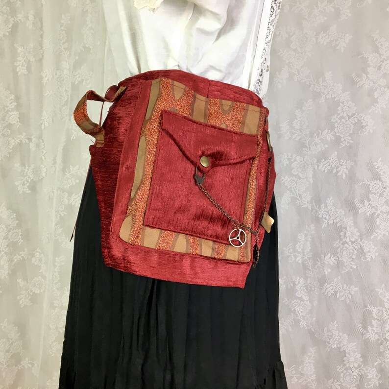 XS Red and gold square pocket belt Burning Man utility belt Extra Small vegan imitation suede utility belt fabric festival belt