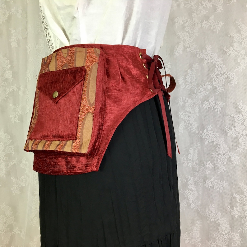 XS Red and gold square pocket belt Burning Man utility belt Extra Small vegan imitation suede utility belt fabric festival belt
