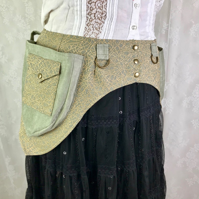 Medium festival belt fancy fanny pack M Sage green crackle tapestry Burning Man utility belt fancy pocket belt sage ultrasuede