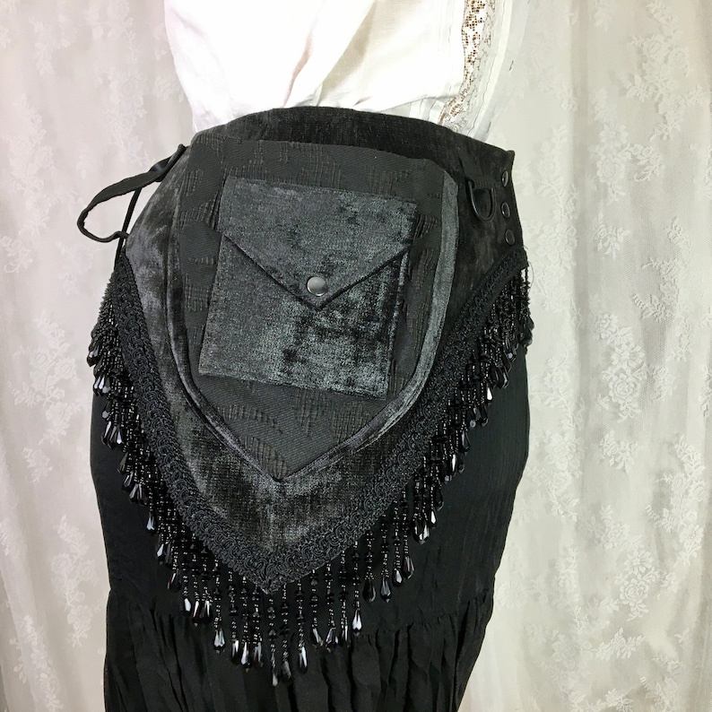 damask swirls fancy pocket belt with black beaded fringe S Black chenille Victorian pocket belt Small