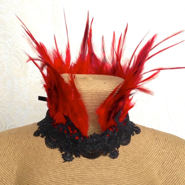 Red burlesque choker - ready to ship Maleficent lace and feather collar - feather necklace - sexy lace choker - red hackle looped scroll