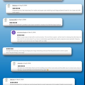 Pu&ograve; includere: Cinque stelle per uno zaino colorato con un sacchetto per il pranzo e una custodia per matite abbinate. Le recensioni evidenziano la qualit&agrave;, la velocit&agrave; di spedizione e il servizio clienti. Lo zaino &egrave; descritto come perfetto per la scuola e presenta un design carino.