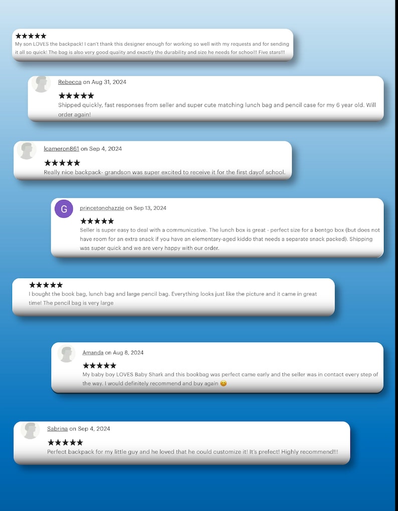 Pu&ograve; includere: Cinque stelle per uno zaino colorato con un sacchetto per il pranzo e una custodia per matite abbinate. Le recensioni evidenziano la qualit&agrave;, la velocit&agrave; di spedizione e il servizio clienti. Lo zaino &egrave; descritto come perfetto per la scuola e presenta un design carino.
