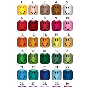 K&ouml;nnte beinhalten: Eine Tabelle mit 30 verschiedenen Farben f&uuml;r Roblox-Avatare. Die Farben werden in einem Raster mit f&uuml;nf Spalten und sechs Zeilen angezeigt. Jede Farbe wird durch ein Smiley-Symbol dargestellt.