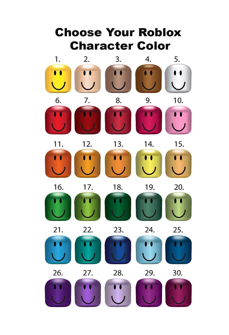 K&ouml;nnte beinhalten: Eine Tabelle mit 30 verschiedenen Farben f&uuml;r Roblox-Avatare. Die Farben werden in einem Raster mit f&uuml;nf Spalten und sechs Zeilen angezeigt. Jede Farbe wird durch ein Smiley-Symbol dargestellt.