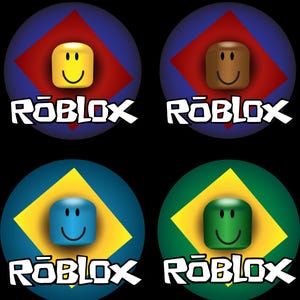 K&ouml;nnte beinhalten: Vier runde Kn&ouml;pfe mit einem Roblox-Logo und einem l&auml;chelnden Gesicht in der Mitte. Jeder Knopf hat einen anderen Hintergrund und eine Diamantform in der Mitte. Die Farben sind rot, braun, blau und gr&uuml;n.
