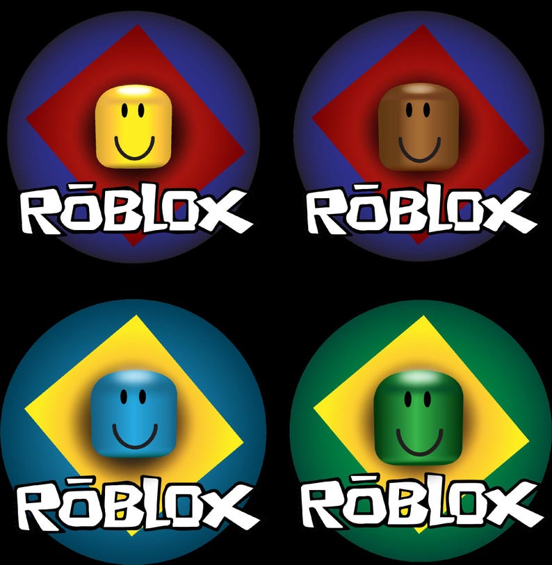 K&ouml;nnte beinhalten: Vier runde Kn&ouml;pfe mit einem Roblox-Logo und einem l&auml;chelnden Gesicht in der Mitte. Jeder Knopf hat einen anderen Hintergrund und eine Diamantform in der Mitte. Die Farben sind rot, braun, blau und gr&uuml;n.