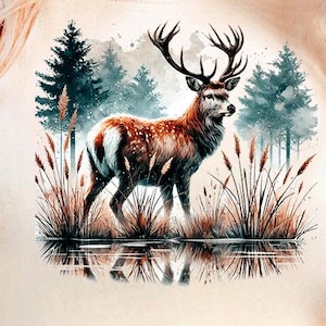 Watercolor Buck Sublimation Design Deer Hunting PNG Lake Deer Sublimation design Deer at lake image transparent background vintage deer png