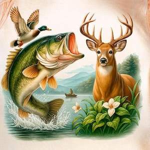 Wilderness PNG Bundle: Bass Fishing, Deer & Duck Hunting (Digital Download)