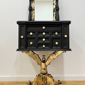 Shabby chic calk painted furniture-Gold and black dresser with mirror-Vintage-Make up desk,Wood-Side table-Refinished furtniture