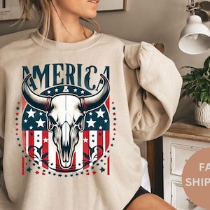 Americana shirt koeienschedel, western grafisch T-shirt, vintage cowboytop, shirt in bikerstijl, noodlijdende print, zuidwestelijke stijl, rodeokleding