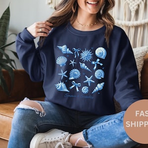 Coastal Sweatshirt: Vintage Seashells Pullover, Relaxed Beach Loungewear