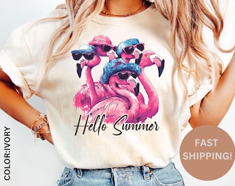 Comfort Colors® Hallo Sommer T-Shirt, süßes Flamingo Shirt, Sommer Strand Grafik T-Shirt, lustiges Urlaubs Shirt, Tropisches Tier T-Shirt