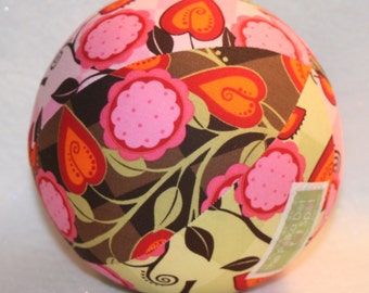 Girls Handmade Floral Fabric Ball, Stuffed Cloth Plush, Indoor Toddler Toy, Pink, Green, Jingle Bell, Unique Baby Shower Gift, 1st Birthday