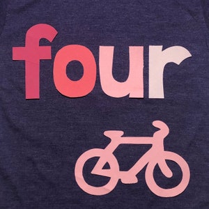 Bicycle Birthday Shirt, Girls FOUR shirt, 4th Birthday, Purple with Pink Ombré, Simple Birthday Shirt, You choose size and number image 3