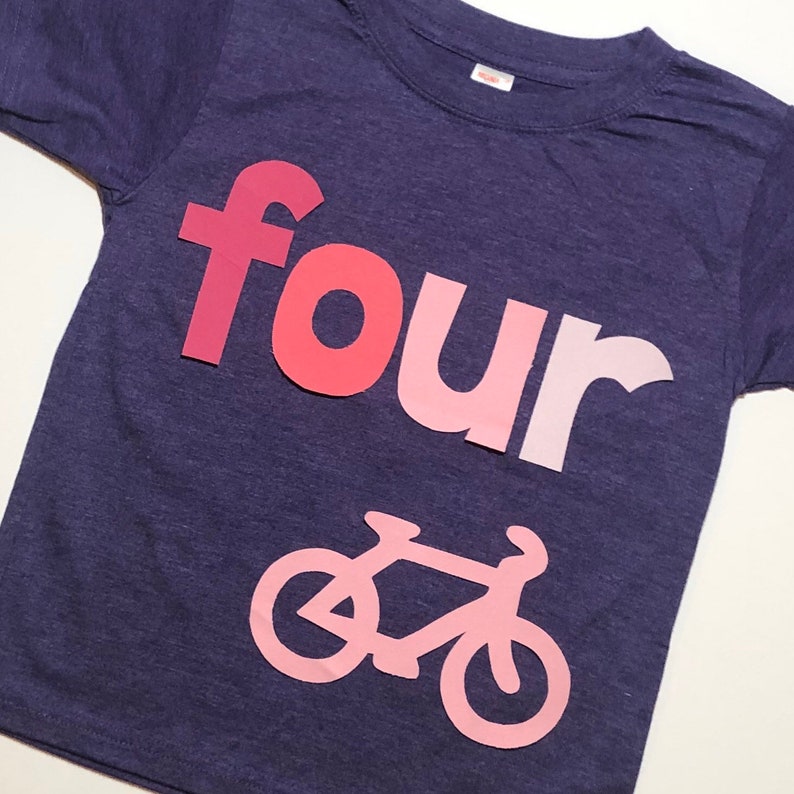 Bicycle Birthday Shirt, Girls FOUR shirt, 4th Birthday, Purple with Pink Ombré, Simple Birthday Shirt, You choose size and number image 2