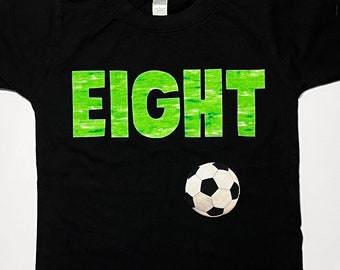 Soccer Birthday Shirt, Green grass lettering and soccer ball, Boys Girls EIGHT Shirt, black short sleeve, any number and size