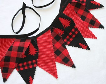 Christmas Decor, rustic log cabin decor, fabric bunting, red black Christmas bunting, deer trees buffalo check plaid - You Choose Length