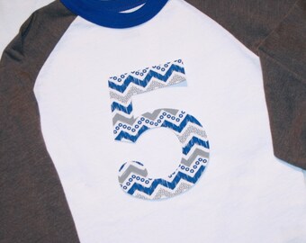 Boys Number 5 Shirt, Boys 5th Birthday Shirt, Raglan Birthday Shirt, Birthday Shirt 5, Chevron Number 5, blue gray white, long sleeve