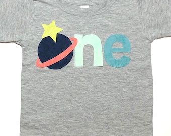 Outer Space Birthday Shirt, Boys 1st Birthday Shirt, ONE Shirt, Planet Shirt, Blue Ombre - 12-18 month short sleeve heather gray