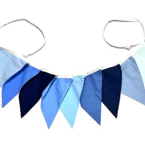 Blue pennant bunting banner, solid shades, boys nursery bedroom decor, baby shower, fabric flag garland, 9 triangle flags, standard or mini