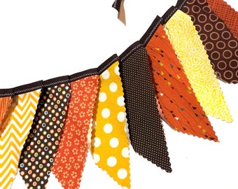 Thanksgiving Pennant Bunting, Autumn Banner, Handmade Triangle Garland, Birthday Decor, Fall Decoration, Orange, Yellow, Brown, Sewn Flags