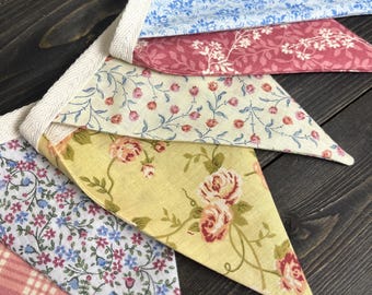 Vintage Floral Pennant Bunting, Handmade Fabric Banner, Country Farmhouse Decor, Spring Flowers, Woodland Wildflowers