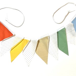 Boho pennant bunting, colorful fabric triangle banner, solid colors, orange green blue yellow white, boys nursery or bedroom decor, 9 flags