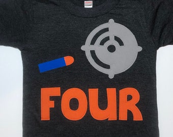 Gun Wars Birthday Shirt, Dart Birthday Shirt, Boys 4th Birthday Shirt, FOUR Shirt Boy, Blue Orange Gray- Short sleeve, dark heather gray