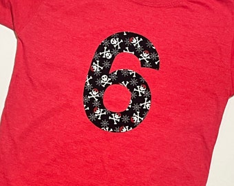 Pirate Birthday Shirt, Boys 6th Birthday Shirt, Boys Number 6 Shirt, Pirate Party - red gray black white - CUSTOM number and Size