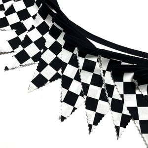 Racing check pennant bunting, Race Car Decor, black white check, boys bedroom, mens birthday, garage decor, racetrack, single sided flags