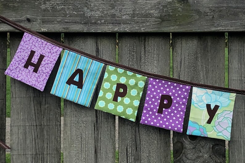 Girls HAPPY BIRTHDAY Reusable Fabric Banner  Purples Greens image 4