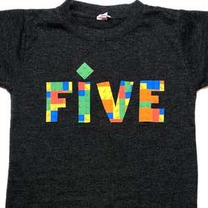Boys Construction Block Birthday Shirt, Building Bricks, Five Year Old, Primary Colors, Blue, Orange, Yellow, Green, Custom size and number