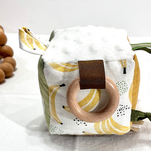 Bananas sensory block, baby toy, soft fabric activity cube, shower gift, gender neutral, Montessori, teether, yellow sage green tan